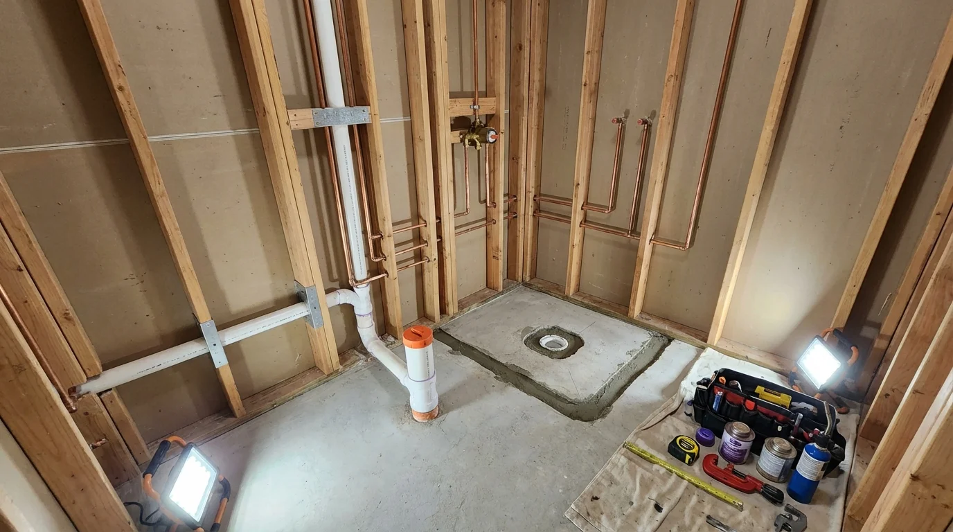 Bathroom rough-in plumbing during remodel by Johns Plumbing LLC in Mason City