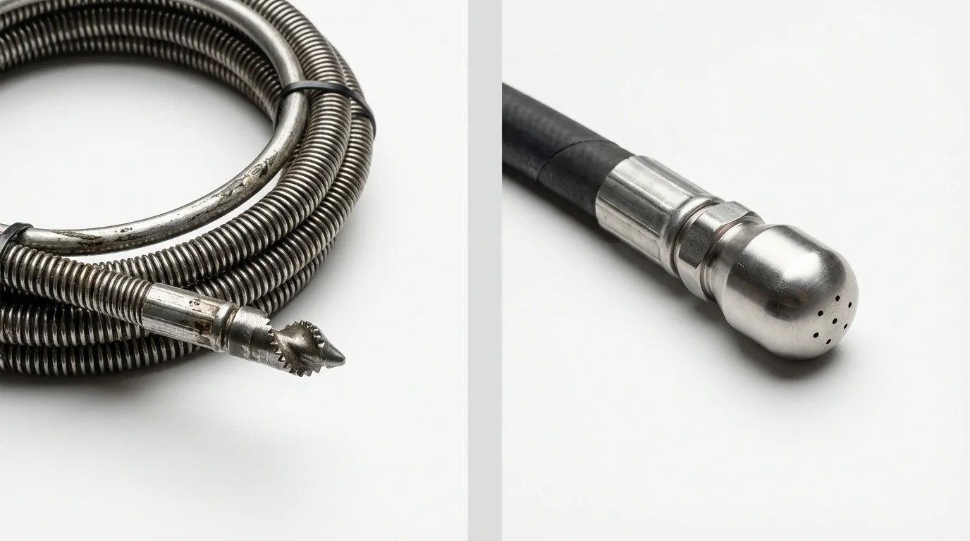 Drain snake cable and hydro jetting nozzle used for drain cleaning in Mason City, IA