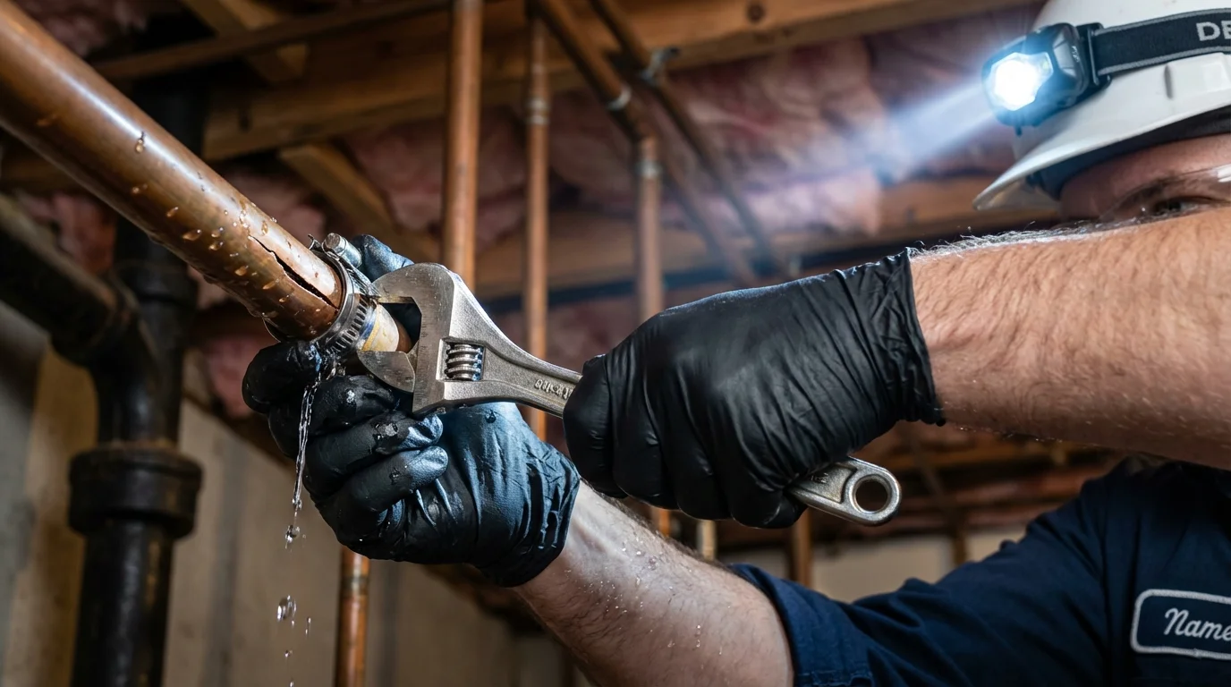 Emergency pipe clamp repair being performed by a Johns Plumbing LLC plumber in Mason City
