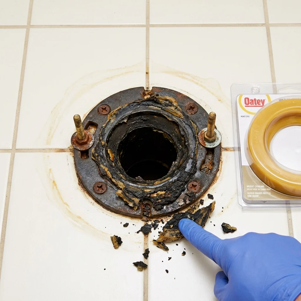 Failed wax ring showing water seepage at the base of a toilet in a Mason City, IA home