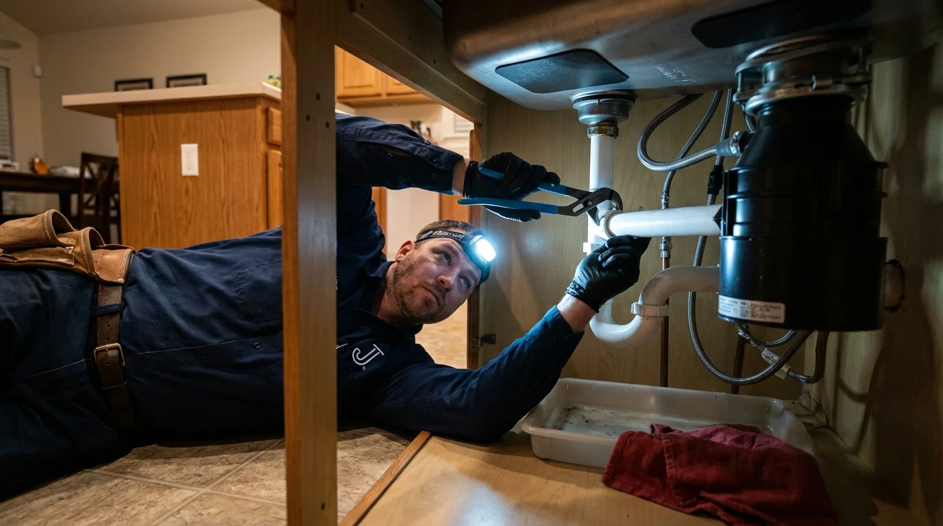 P-trap and supply line connections under a kitchen sink showing a common leak point in Mason City, IA